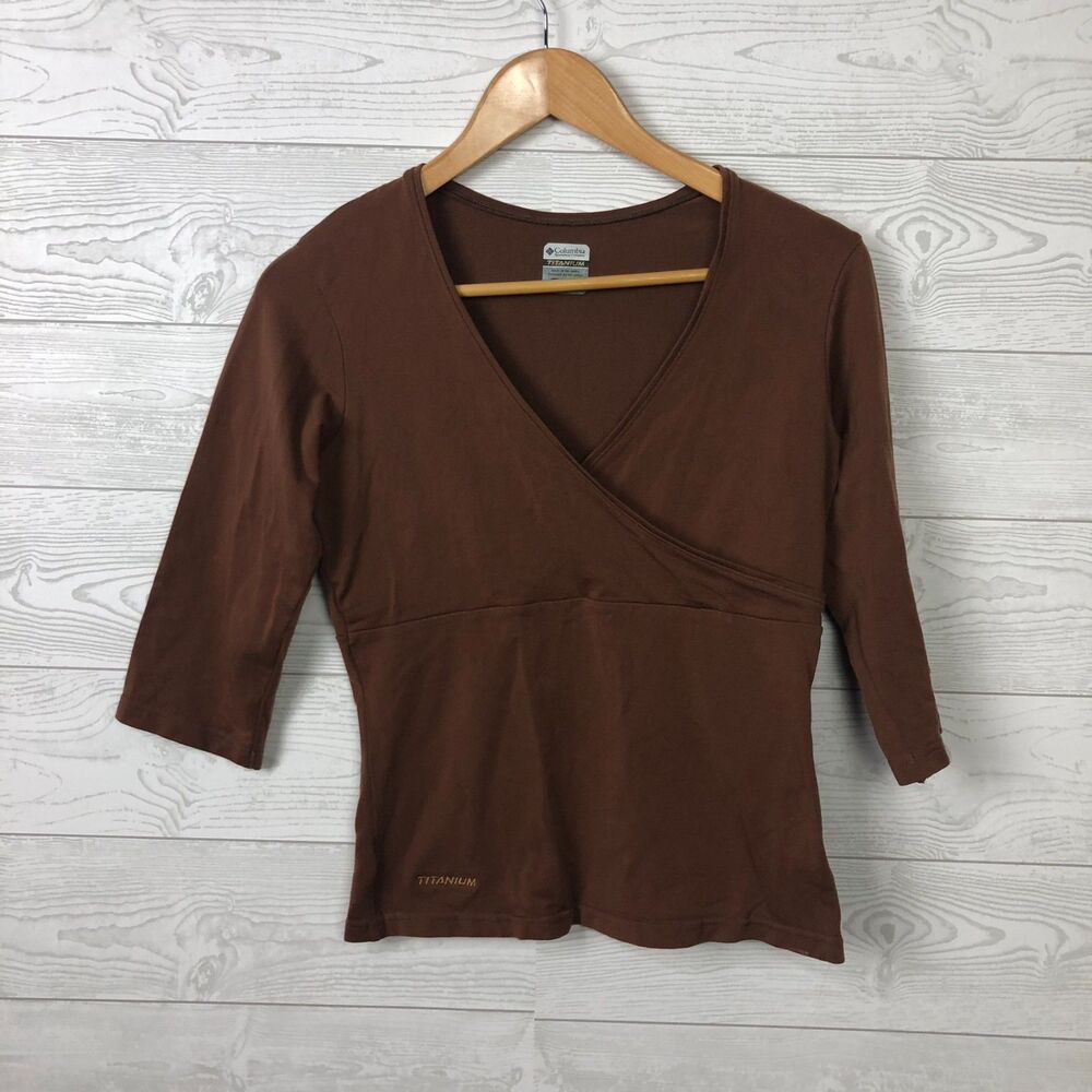 Columbia Women's Small Titanium 3/4 Sleeve V Neck Tee Shirt Brown Faux Wrap Top